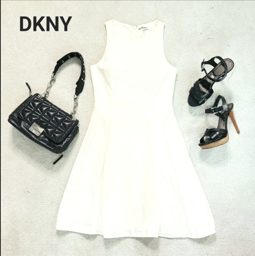 DKNY white mesh insert fit-and-flare dress